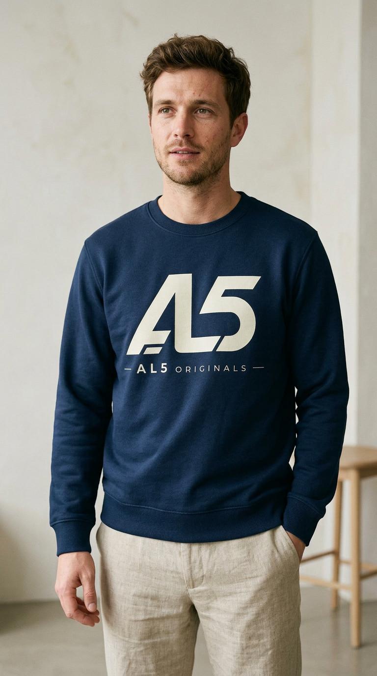 Model wearing AL5 Originals navy hoodie